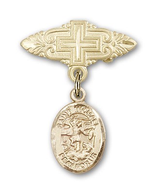 Pin Badge with St. Michael the Archangel Charm and Badge Pin with Cross - 14K Solid Gold