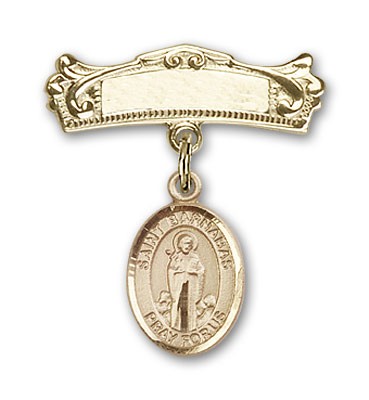 Pin Badge with St. Barnabas Charm and Arched Polished Engravable Badge Pin - 14K Solid Gold