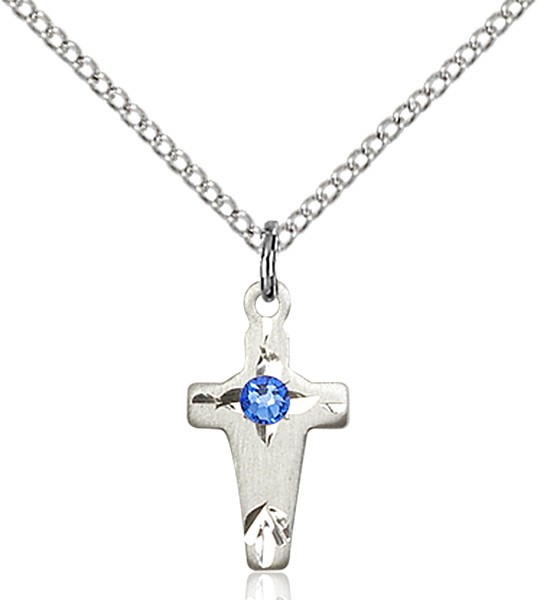 Square Edge Child's Cross Pendant with Birthstone Options - Sapphire