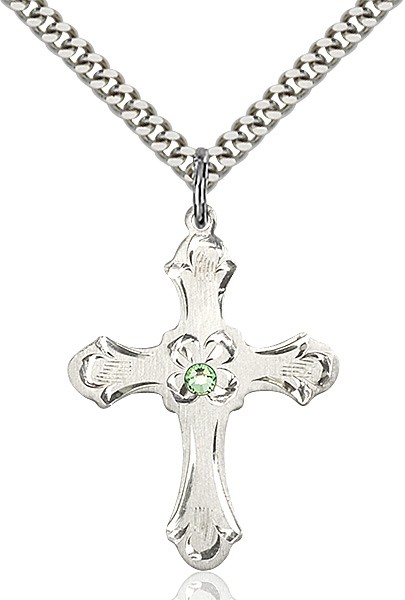 Budded Cross Pendant with Etched Border Birthstone Options - Peridot