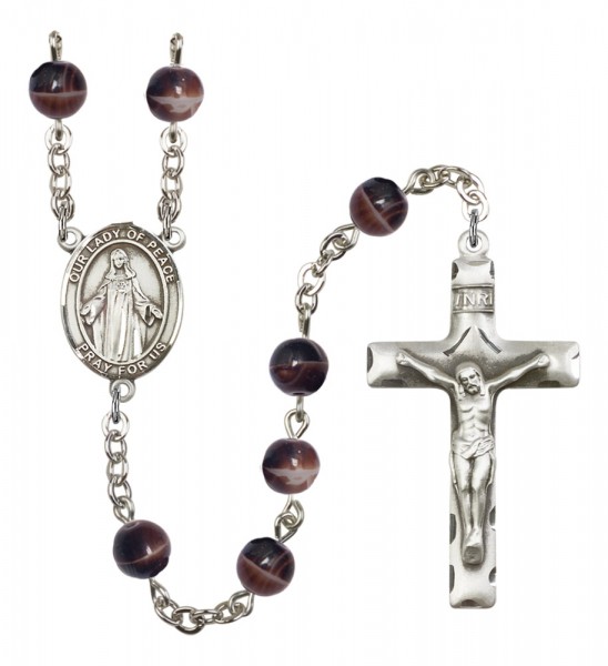 Men's Our Lady of Peace Silver Plated Rosary - Brown