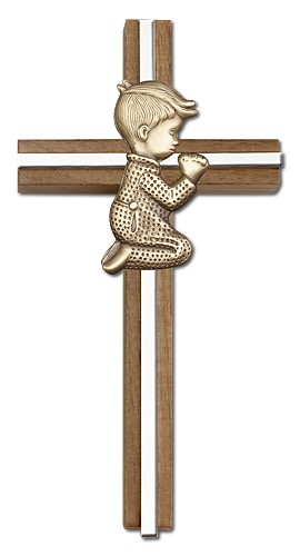 Praying Boy Cross in Walnut 6&quot; with Metal Inlay - Two-Tone Silver