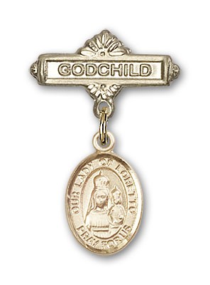 Baby Badge with Our Lady of Loretto Charm and Godchild Badge Pin - 14K Solid Gold