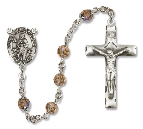 Our Lady of Assumption Sterling Silver Heirloom Rosary Squared Crucifix - Topaz