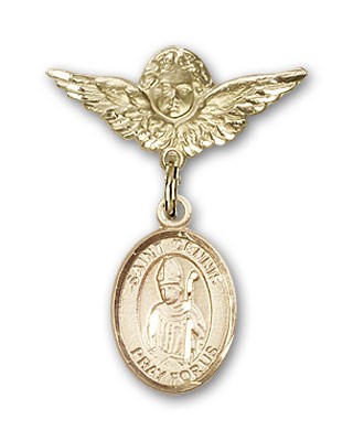 Pin Badge with St. Dennis Charm and Angel with Smaller Wings Badge Pin - 14K Solid Gold
