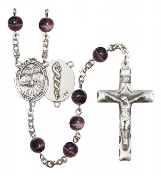 Men's Sts. Cosmas &amp; Damian Doctors Silver Plated Rosary - Brown