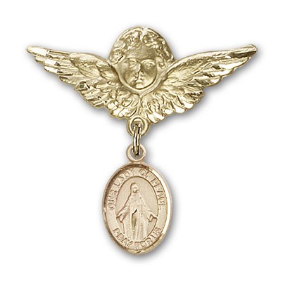 Pin Badge with Our Lady of Peace Charm and Angel with Larger Wings Badge Pin - Gold Tone