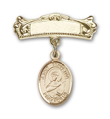 Pin Badge with St. Perpetua Charm and Arched Polished Engravable Badge Pin - 14K Solid Gold