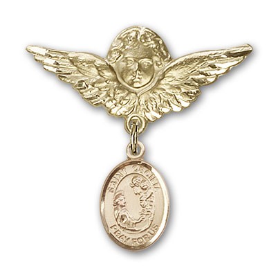 Pin Badge with St. Cecilia Charm and Angel with Larger Wings Badge Pin - Gold Tone