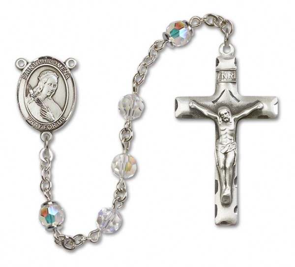 St. Philomena Sterling Silver Heirloom Rosary Squared Crucifix - Crystal