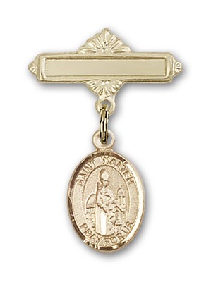 Pin Badge with St. Walter of Pontnoise Charm and Polished Engravable Badge Pin - Gold Tone