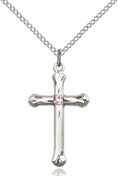 Teardrop Edge Cross Pendant with Birthstone Options - Light Amethyst
