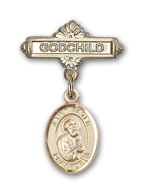 Pin Badge with St. Peter the Apostle Charm and Godchild Badge Pin - Gold Tone