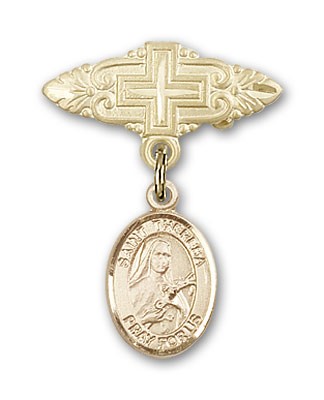 Pin Badge with St. Theresa Charm and Badge Pin with Cross - Gold Tone