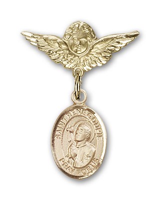 Pin Badge with St. Rene Goupil Charm and Angel with Smaller Wings Badge Pin - Gold Tone