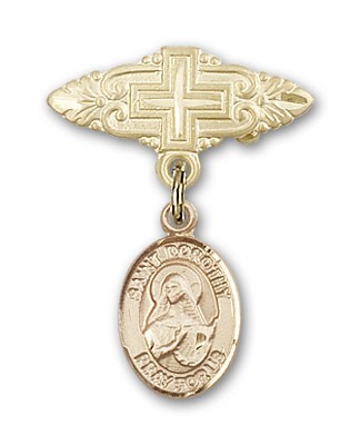 Pin Badge with St. Dorothy Charm and Badge Pin with Cross - 14K Solid Gold