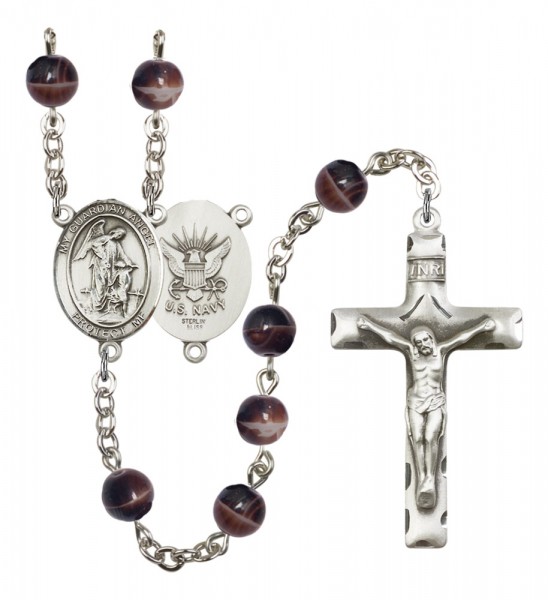 Men's Guardian Angel Navy Silver Plated Rosary - Brown