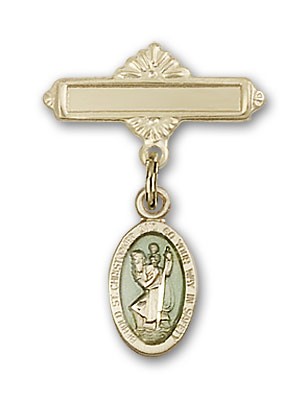 Pin Badge with St. Christopher Charm and Polished Engravable Badge Pin - 14KT Gold Filled | Blue Enamel
