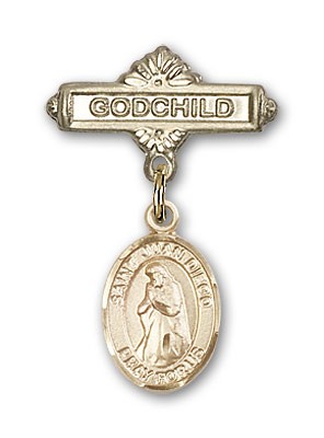Pin Badge with St. Juan Diego Charm and Godchild Badge Pin - 14K Solid Gold