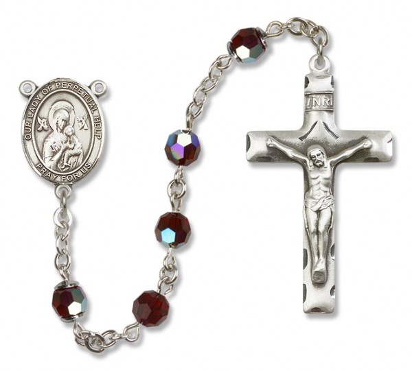 Our Lady of Perpetual Help Sterling Silver Heirloom Rosary Squared Crucifix - Garnet