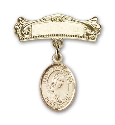 Pin Badge with St. Philomena Charm and Arched Polished Engravable Badge Pin - 14K Solid Gold