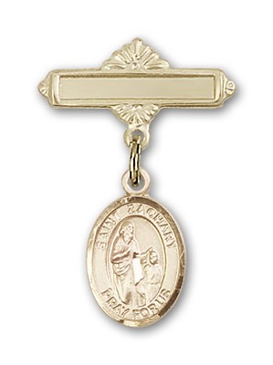 Pin Badge with St. Zachary Charm and Polished Engravable Badge Pin - 14K Solid Gold
