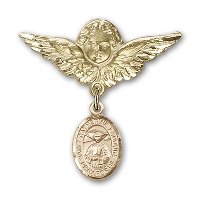 Pin Badge with St. Catherine Laboure Charm and Angel with Larger Wings Badge Pin - 14K Solid Gold