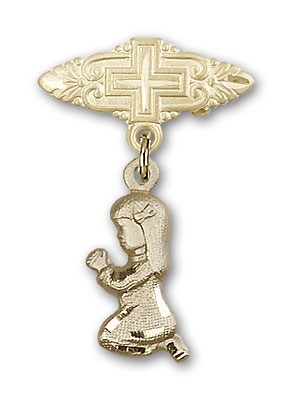 Baby Pin with Praying Girl Charm and Badge Pin with Cross - Gold Tone