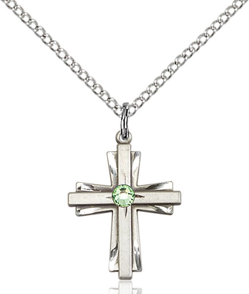 Youth Etched Cross Pendant with Birthstone Options - Peridot