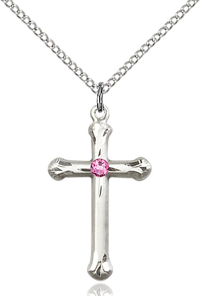 Teardrop Edge Cross Pendant with Birthstone Options - Rose