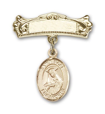 Pin Badge with St. Rose of Lima Charm and Arched Polished Engravable Badge Pin - Gold Tone