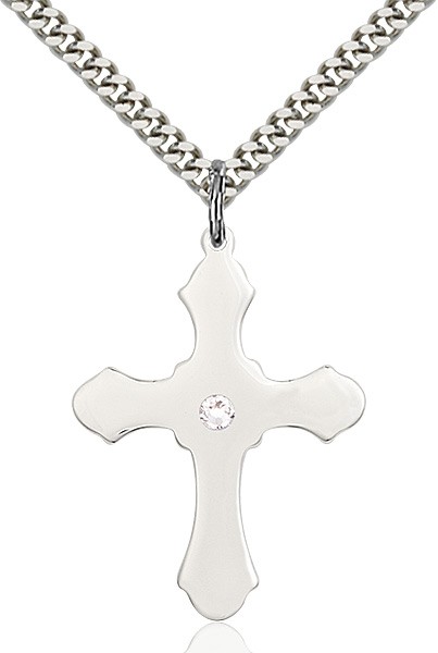 Large High Polished Soft Edge Cross Pendant with Birthstone Options - Crystal