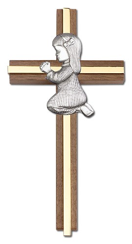 Praying Girl Cross in Walnut 6&quot; with Metal Inlay - Two-Tone Gold