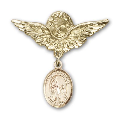 Pin Badge with St. Zachary Charm and Angel with Larger Wings Badge Pin - Gold Tone