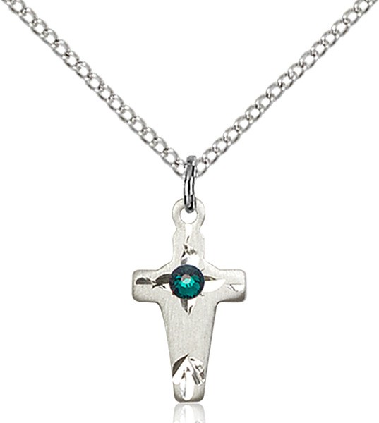 Square Edge Child's Cross Pendant with Birthstone Options - Emerald Green