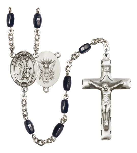 Men's Guardian Angel Navy Silver Plated Rosary - Black | Silver