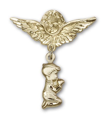 Baby Pin with Praying Boy Charm and Angel with Larger Wings Badge Pin - Gold Tone