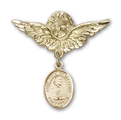 Pin Badge with St. Pio of Pietrelcina Charm and Angel with Larger Wings Badge Pin - Gold Tone