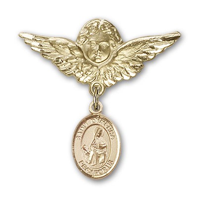 Pin Badge with St. Dymphna Charm and Angel with Larger Wings Badge Pin - Gold Tone