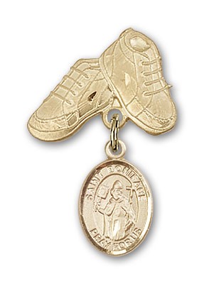 Pin Badge with St. Boniface Charm and Baby Boots Pin - 14K Solid Gold