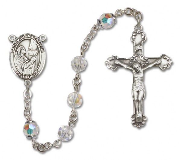 St. Mary Magdalene Sterling Silver Heirloom Rosary Fancy Crucifix - Crystal