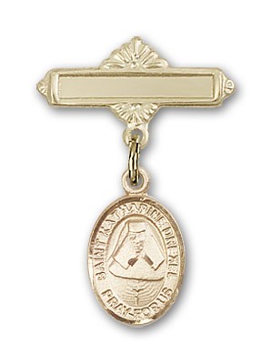 Pin Badge with St. Katherine Drexel Charm and Polished Engravable Badge Pin - Gold Tone
