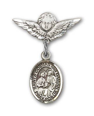 Pin Badge with Sts. Cosmas &amp; Damian Charm and Angel with Smaller Wings Badge Pin - Silver tone