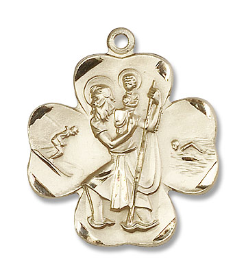 Swimmer Skier St. Christopher Clover Necklace - 14K Solid Gold