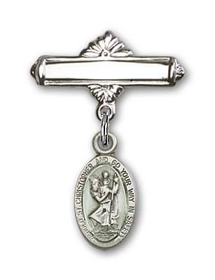 Pin Badge with St. Christopher Charm and Polished Engravable Badge Pin - Sterling Silver | Blue Enamel