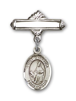 Pin Badge with St. Dymphna Charm and Polished Engravable Badge Pin - Silver tone