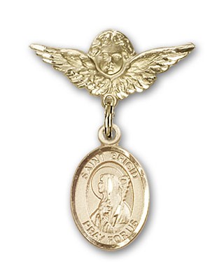 Pin Badge with St. Brigid of Ireland Charm and Angel with Smaller Wings Badge Pin - 14K Solid Gold