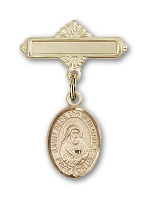 Pin Badge with St. Bede the Venerable Charm and Polished Engravable Badge Pin - Gold Tone