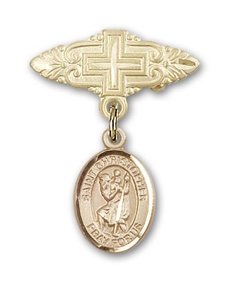 Pin Badge with St. Christopher Charm and Badge Pin with Cross - 14K Solid Gold
