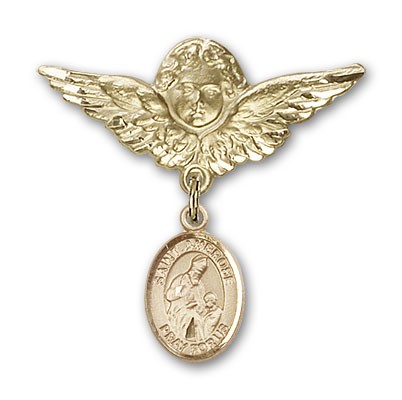 Pin Badge with St. Ambrose Charm and Angel with Larger Wings Badge Pin - 14K Solid Gold
